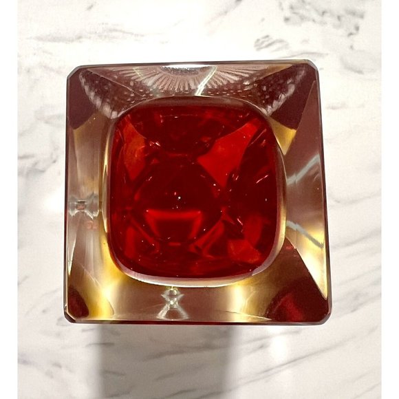 Murano Red Yellow Clear Sommerso Vase Triangular Multifaceted 6.25" H Signed - Picture 7 of 10